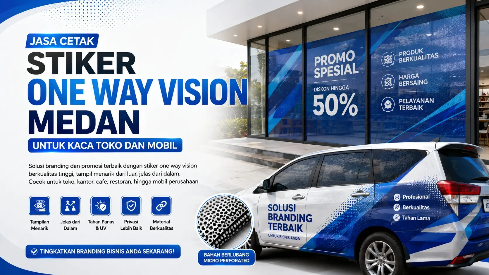 Jasa Cetak Stiker One Way Vision Medan untuk Kaca Toko dan Mobil